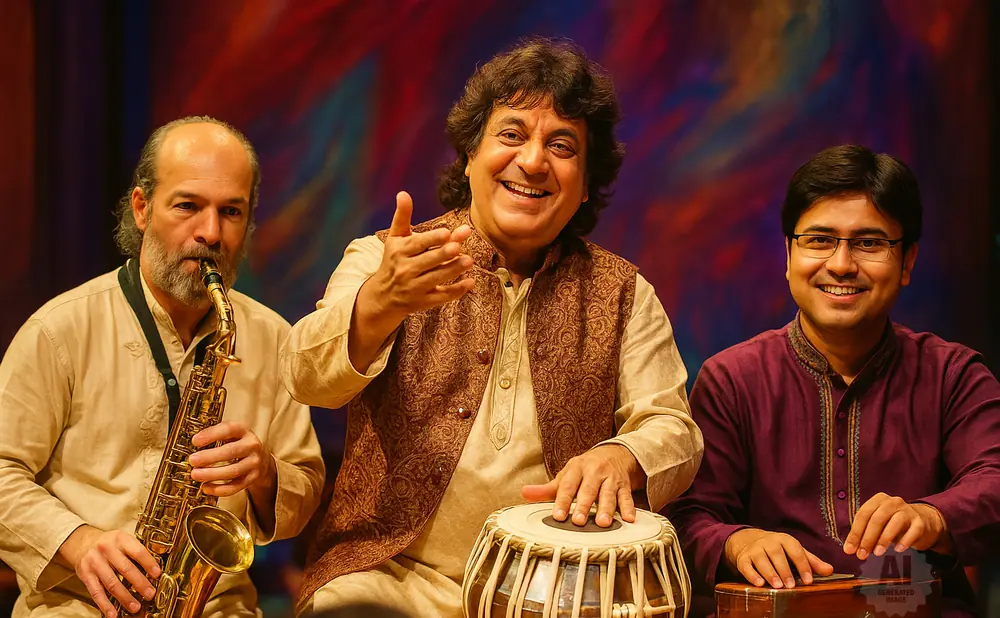 Three men play musical instruments: a saxophone, tabla, and another drum.
