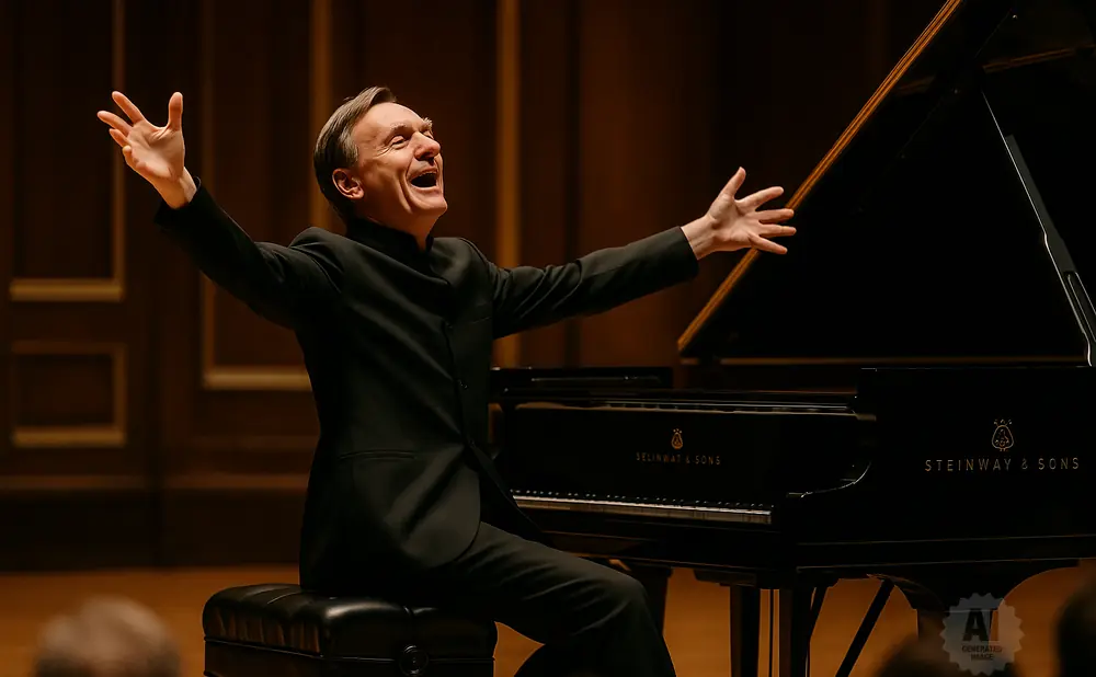Pianist with arms outstretched in triumph next to a black Steinway & Sons grand piano on a dimly lit stage.