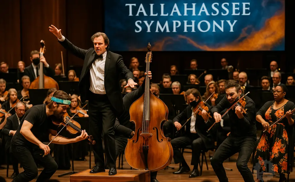 Conductor leads orchestra, with a violinist playing in the foreground.