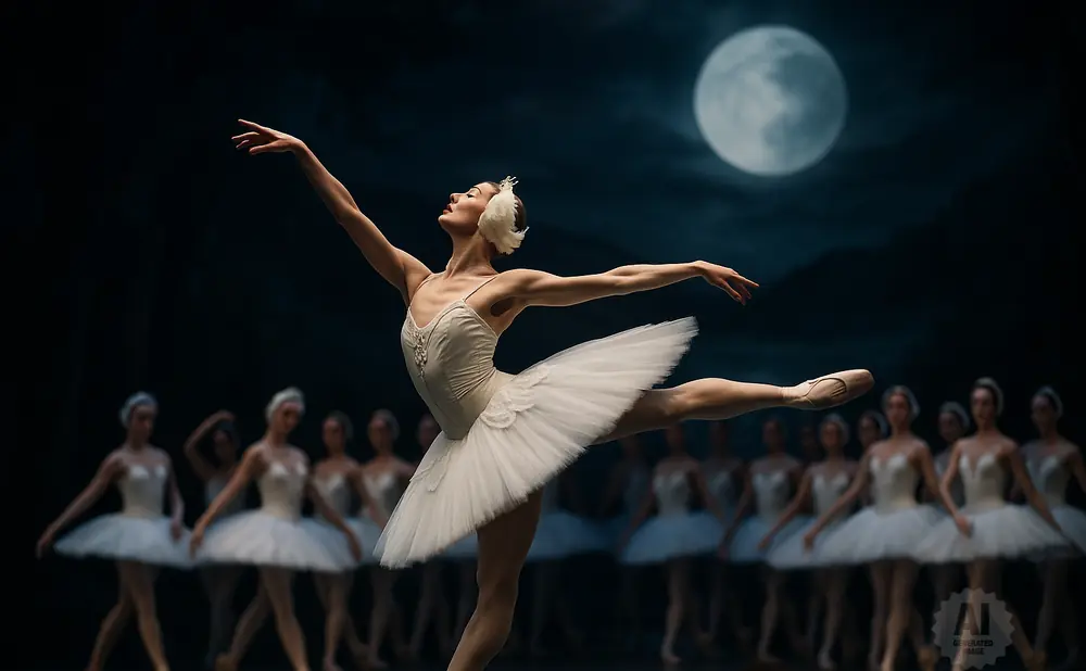 Ballerina in white tutu performs a graceful pose on stage under a large moon with other ballerinas in the background.