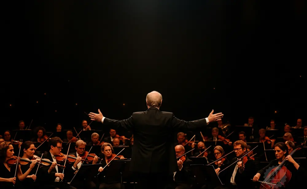 A conductor leads an orchestra, arms outstretched, with musicians playing violins and cellos.
