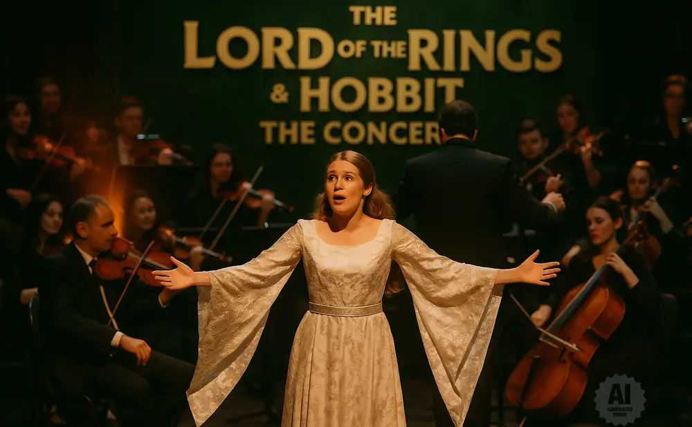 A woman in a flowing white dress sings with her arms outstretched before an orchestra, under a banner for 