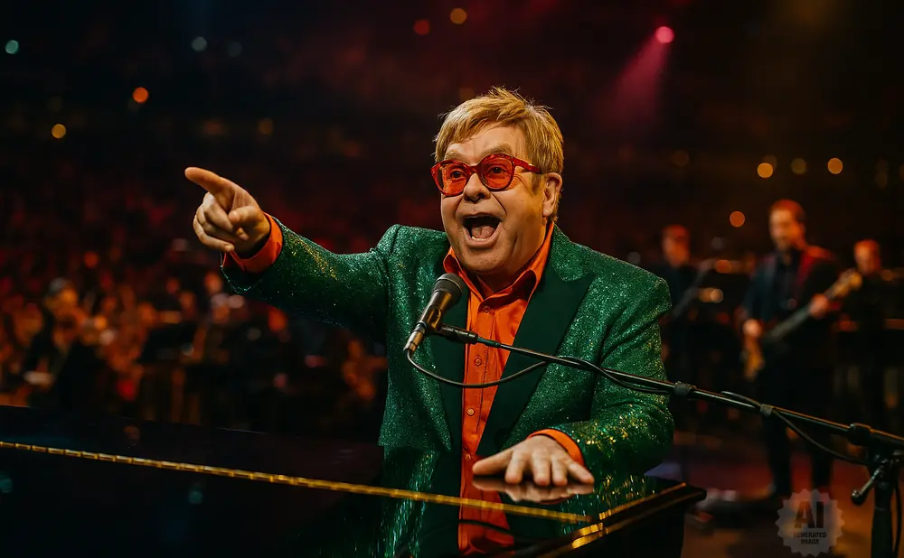 Elton John, wearing a sparkly green jacket and orange shirt, plays piano and points at the audience.