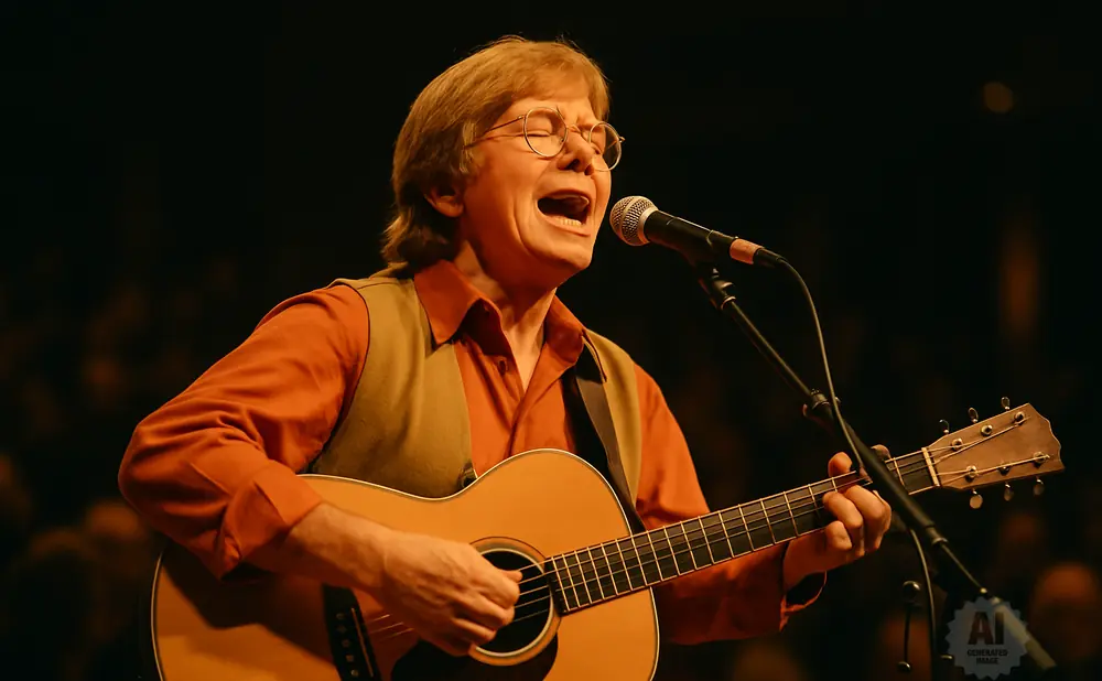 Singer with glasses and an orange shirt plays guitar and sings into a microphone.