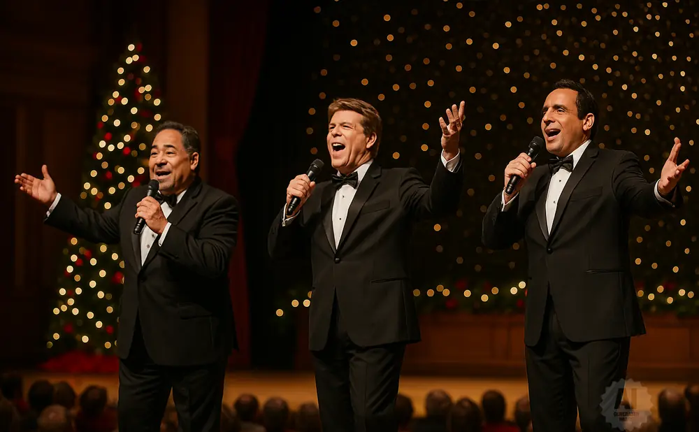 Three men in tuxedos sing into microphones on a stage with a Christmas tree and sparkling lights.