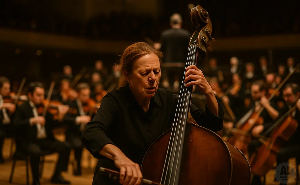 A woman plays a double bass in an orchestra.