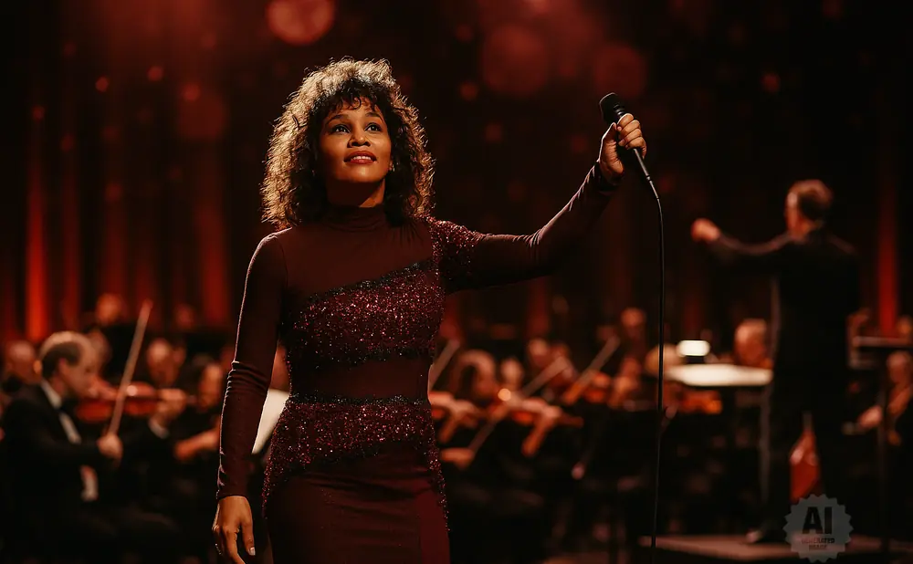 Singer with curly hair in a sequined dress holding a microphone on stage with an orchestra.