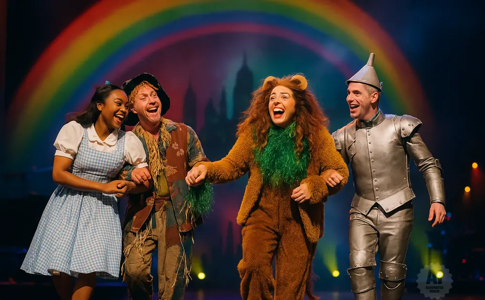 Dorothy, Scarecrow, Lion, and Tin Man from The Wizard of Oz laugh together on stage.