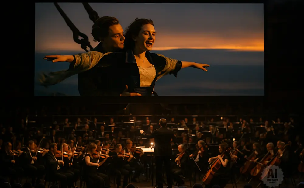 Conductor leads an orchestra playing during a screening of Titanic.
