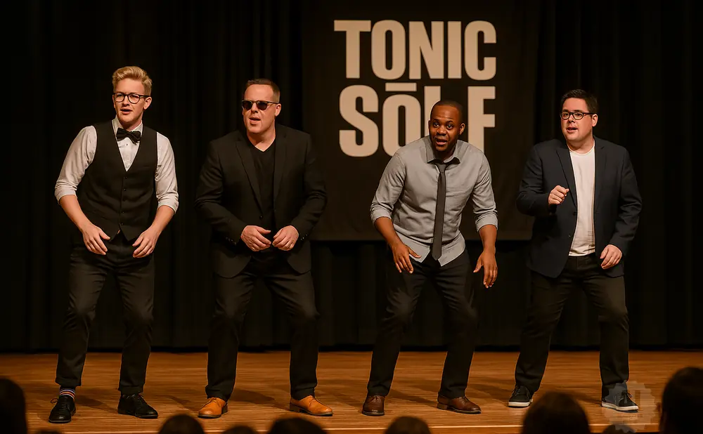 Four men in formal wear stand on a stage, performing.