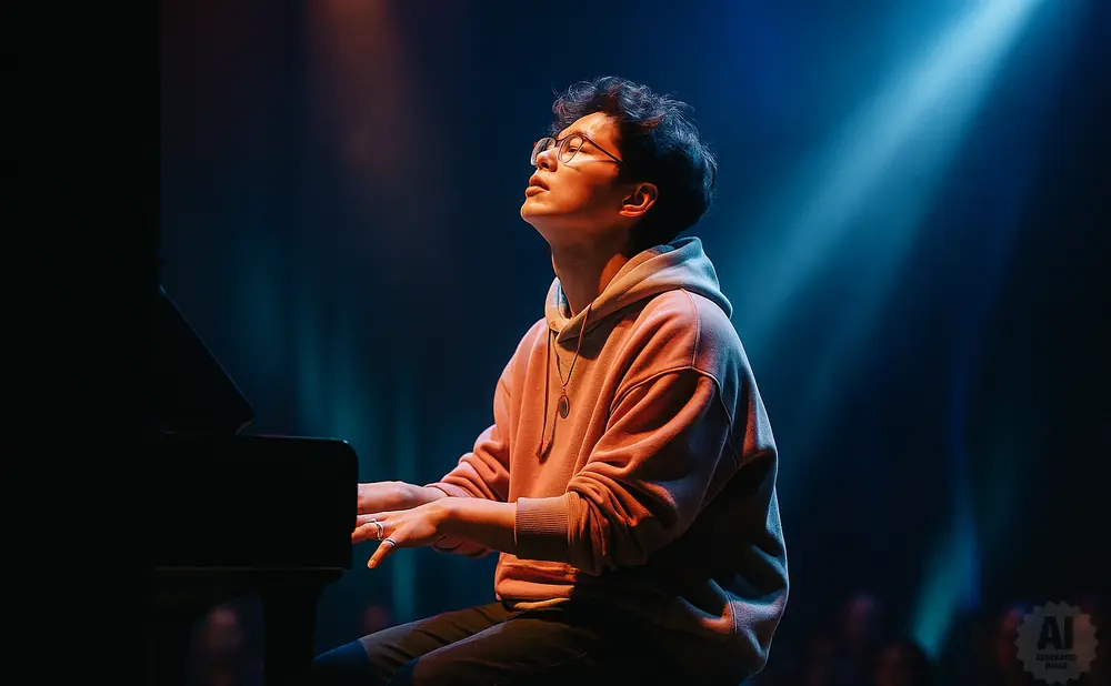 A young person plays piano under dramatic stage lighting.