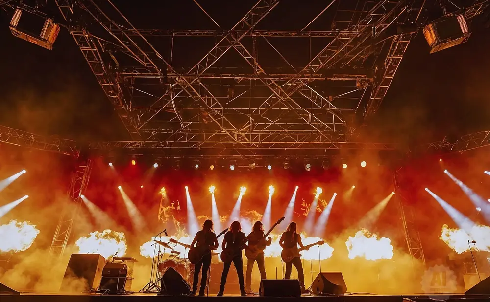 A rock band performs on stage with pyrotechnics and stage lighting.