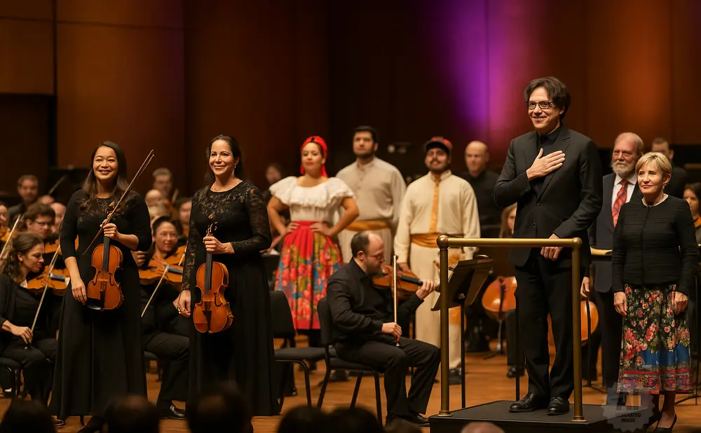A conductor and orchestra members stand on stage in formal wear and traditional costumes.