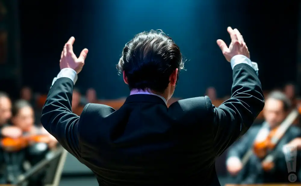 a rear view photo of tugan sokhiev conducting a symphony on stage before an audience