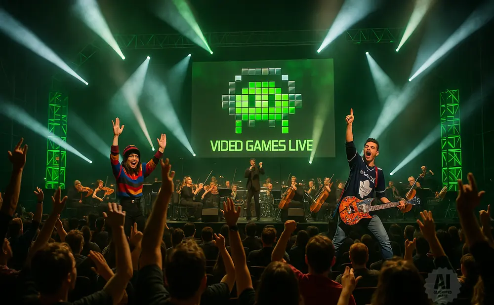 A rock guitarist and a female singer perform with an orchestra at Video Games Live, with a Space Invader logo on the screen.