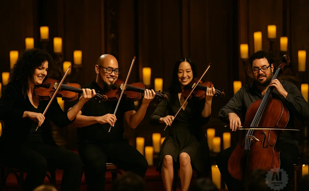 A string quartet performs by candlelight, with three violins and one cello.