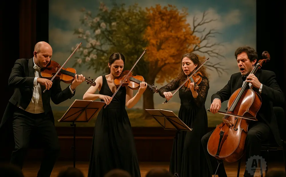 A quartet of musicians plays string instruments on stage, with a painted backdrop of a tree.