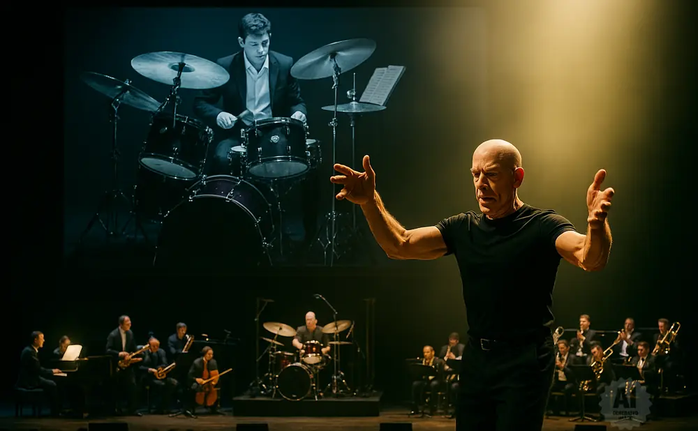 A conductor leads a jazz band while a drummer plays on a large screen behind them.