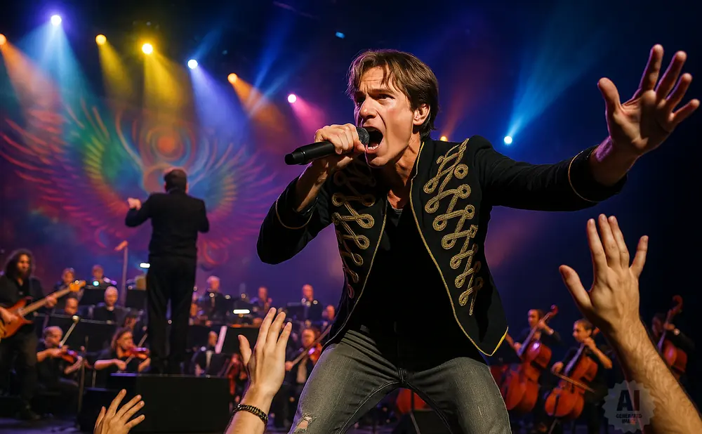 Singer in a military-style jacket performs with an orchestra behind him, illuminated by stage lights.