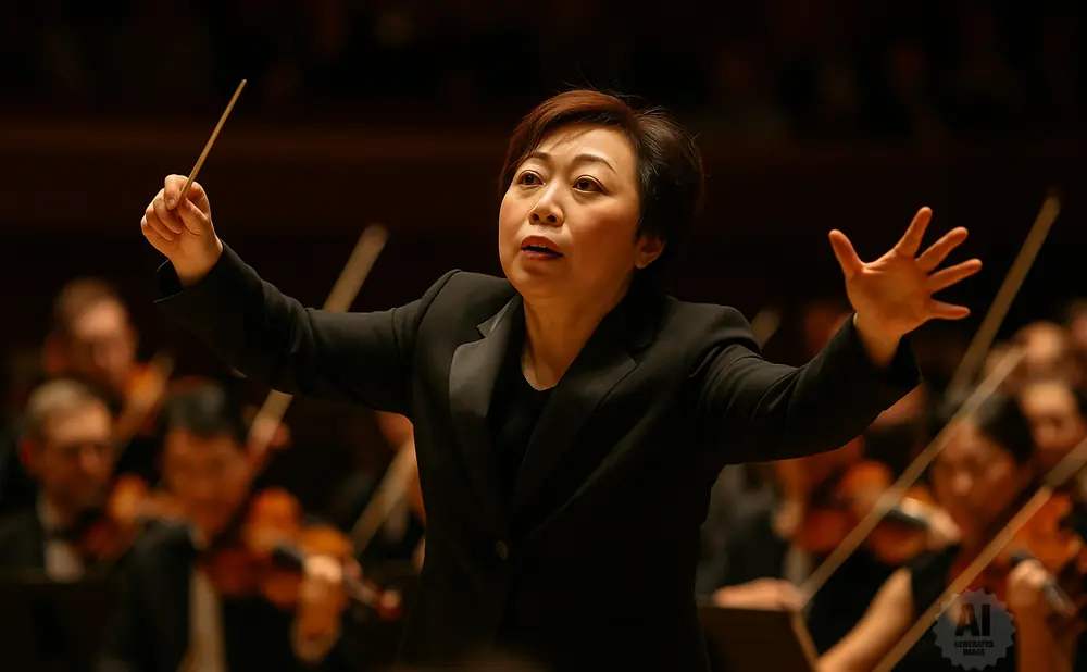A female orchestra conductor leads musicians with a baton and expressive hand gestures.