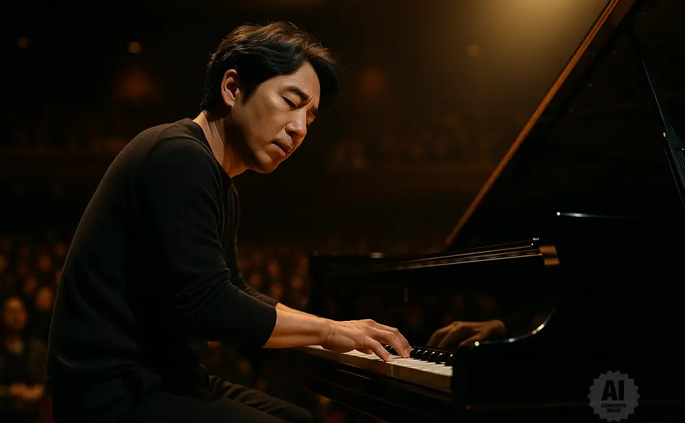 A pianist plays a grand piano on stage, with a dimly lit audience in the background.