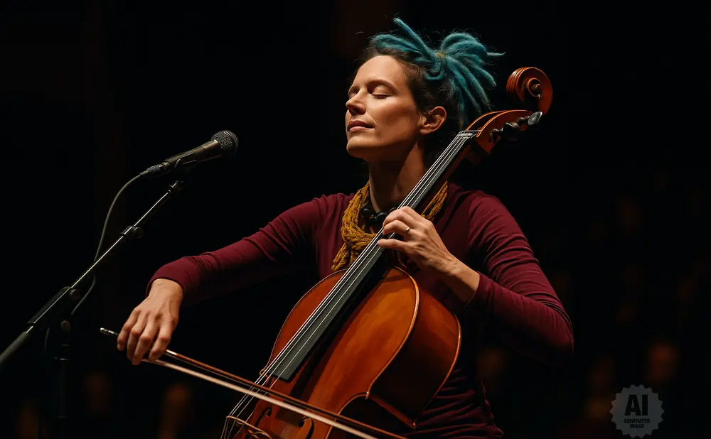 A cellist with bright blue dreadlocks plays the cello with her eyes closed in front of a microphone.