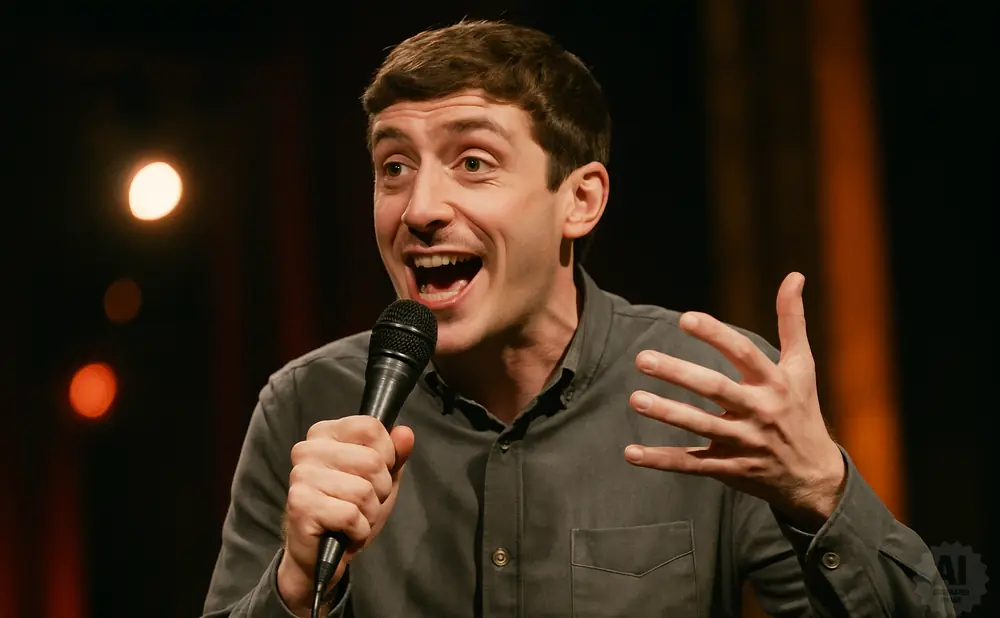 A man with brown hair speaks into a microphone with an open mouth, gesturing with his hand.