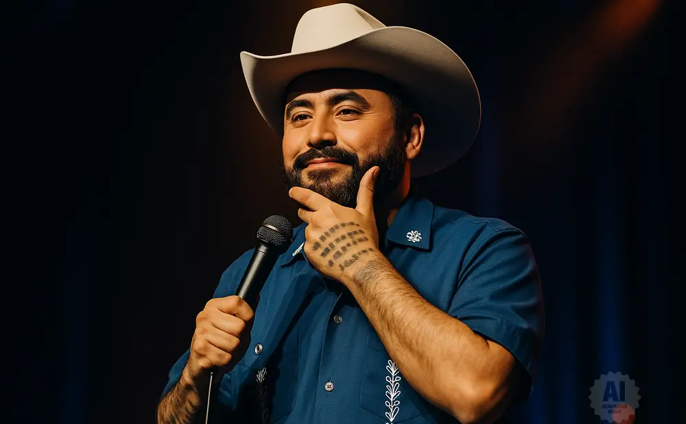 A man in a cowboy hat and blue shirt holds a microphone and rests his chin on his hand.