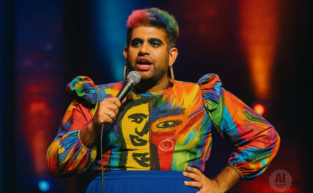 A person with rainbow hair and vibrant clothing holds a microphone and stands on stage.