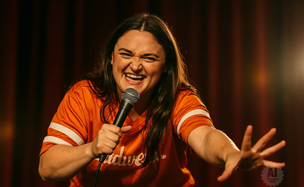 A woman in an orange t-shirt stands with a microphone, laughing and gesturing with her hand toward the right.