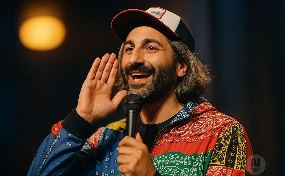 A man wearing a bandana-print jacket and a baseball cap tells a story into a microphone, cupping his ear.