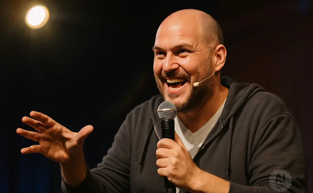 A bald man with a beard laughs while holding a microphone and gesturing with his open hand.