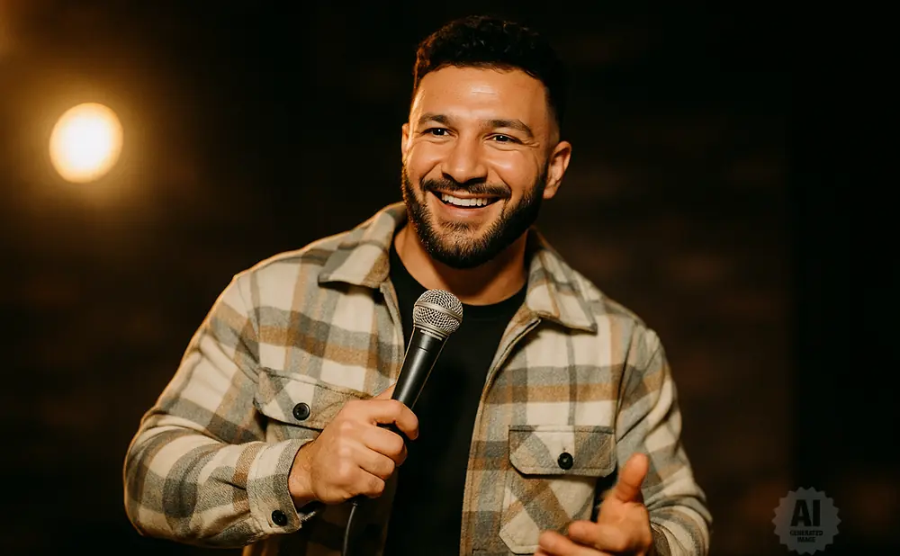 A smiling man in a plaid jacket holds a microphone and gestures with his other hand.