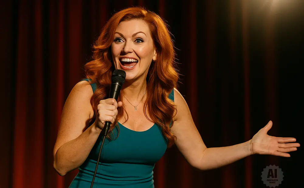 A redheaded comedian laughs into a microphone on a dark stage with red curtains.