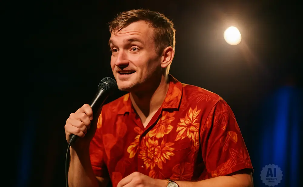 A man in a red floral shirt holds a microphone on stage.