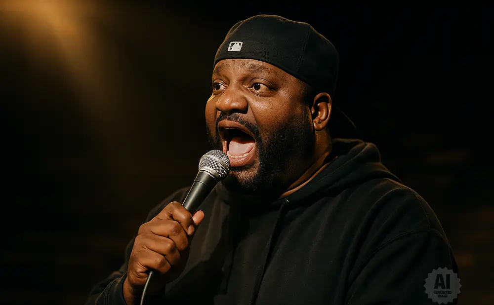 Man in a black hoodie and baseball cap speaks into a microphone.