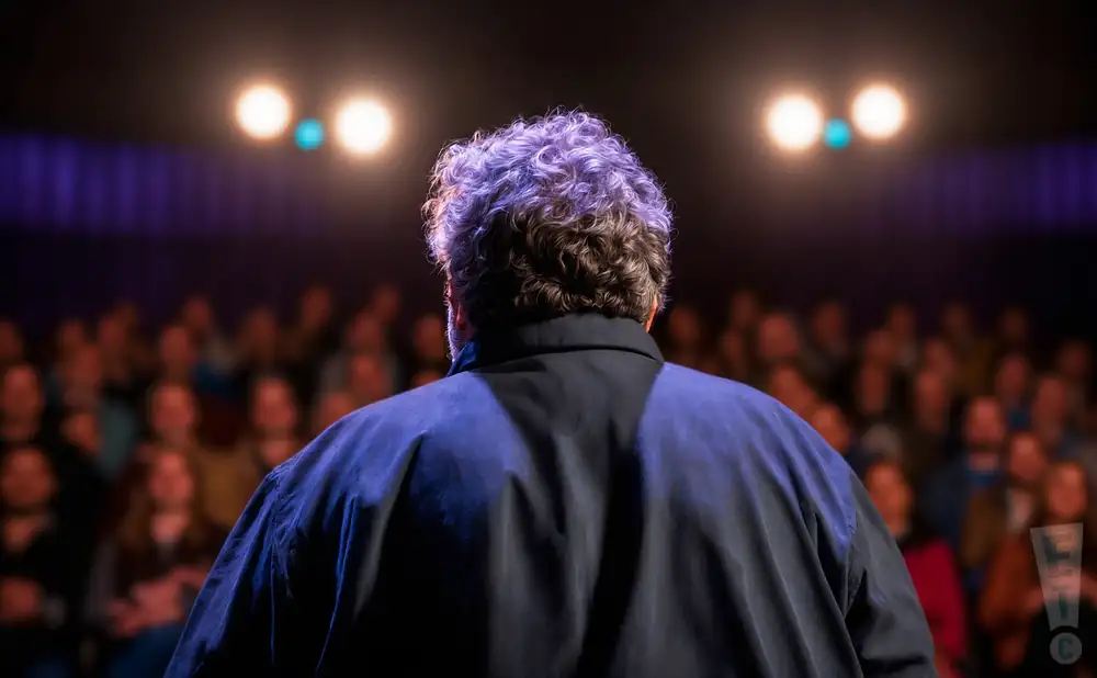 a rear view photo of comedian artie lange performing a comedy act on stage