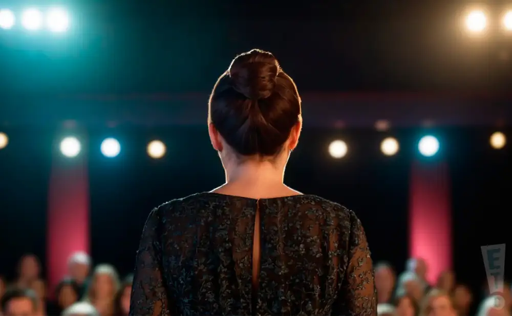 a rear view photo of comedian ashley austin morris performing a comedy act on stage