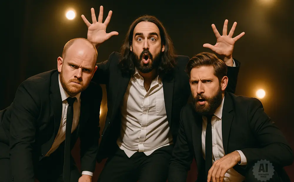 Three men in suits posing dramatically with surprised expressions and raised hands.