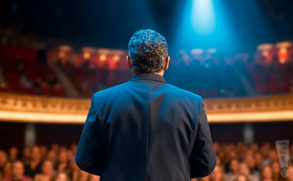 a rear view photo of comedian bassem youssef performing a comedy act on stage