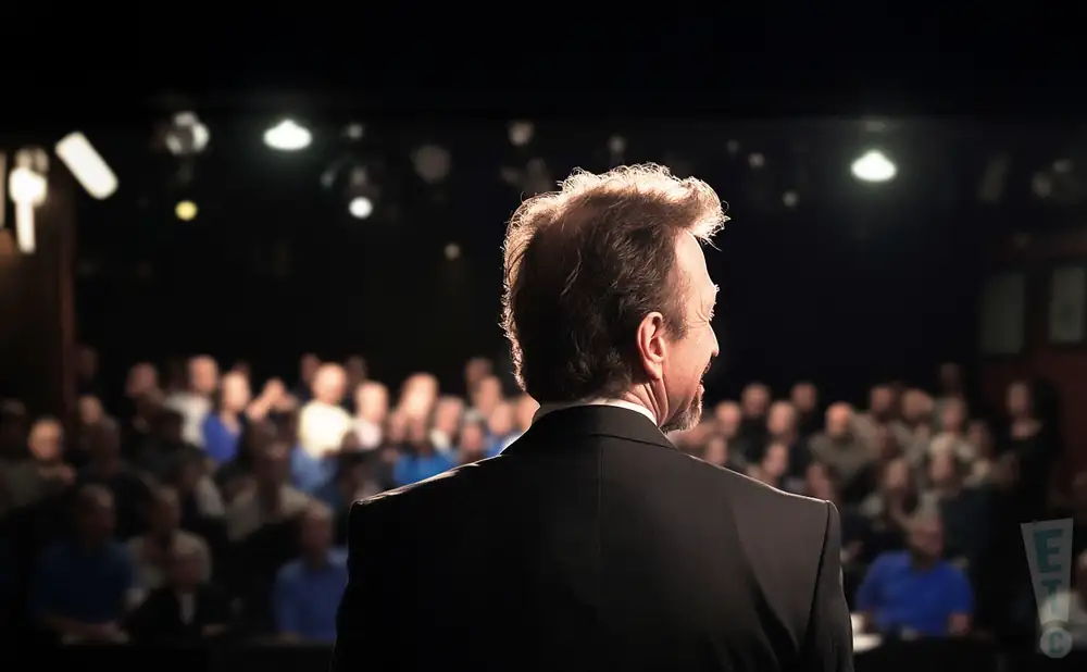 a rear view photo of comedian bill boronkay performing a comedy act on stage