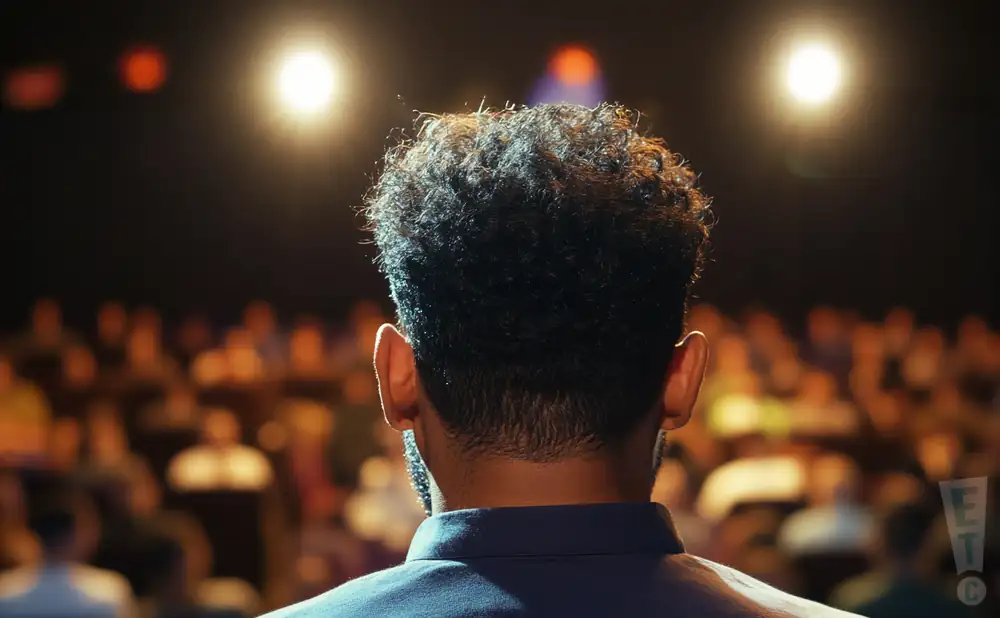 a rear view photo of comedian bill posley performing a comedy act on stage