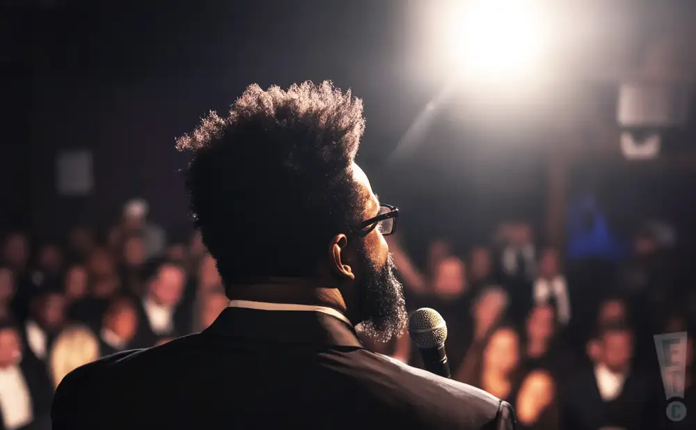 a rear view photo of comedian billy d washington performing a comedy act on stage