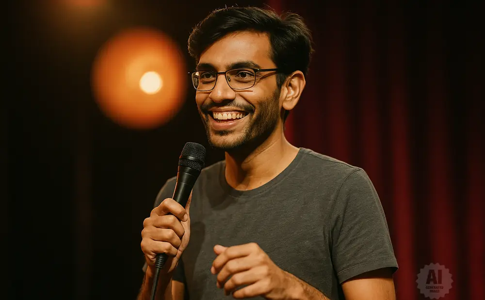 Man wearing glasses and a gray t-shirt smiles while holding a microphone.