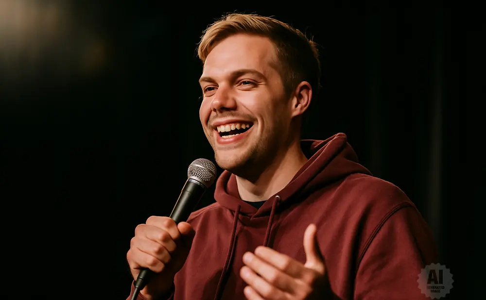 A young man with blonde hair and a beard laughs while holding a microphone and gesturing with his hand.