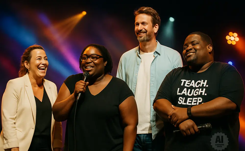 Four people on stage laughing, one holding a microphone.
