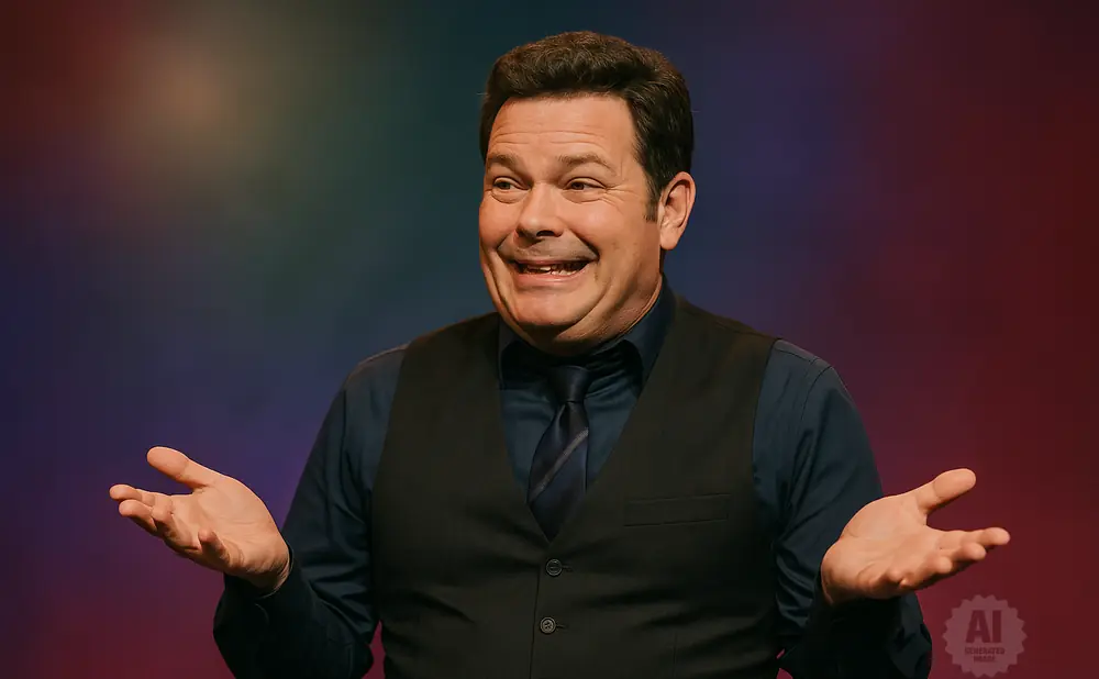 A man in a vest and tie gestures with his hands against a colorful background.