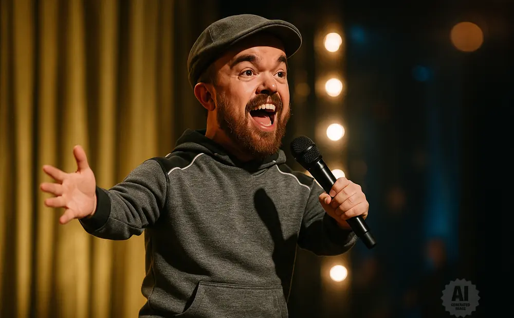 A short man with a beard and cap tells jokes into a microphone on a stage.