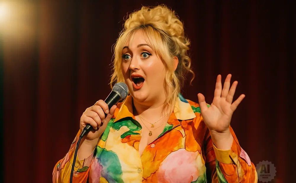 A woman with blonde hair held up in a bun, wearing a colorful shirt, speaks into a microphone.