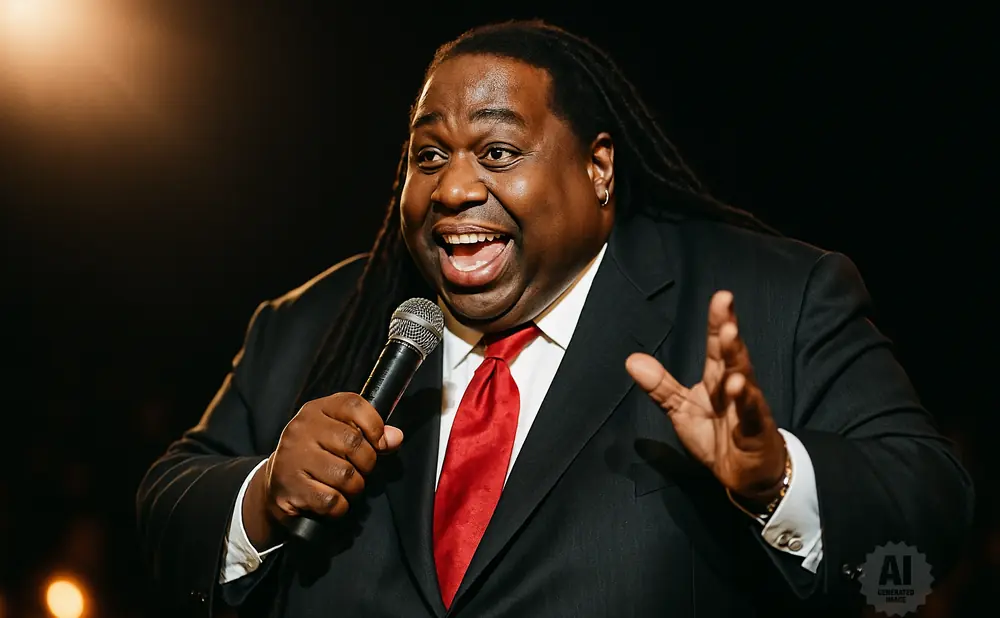 A Black man with dreadlocks wearing a suit and red tie holds a microphone and gestures with his hands.